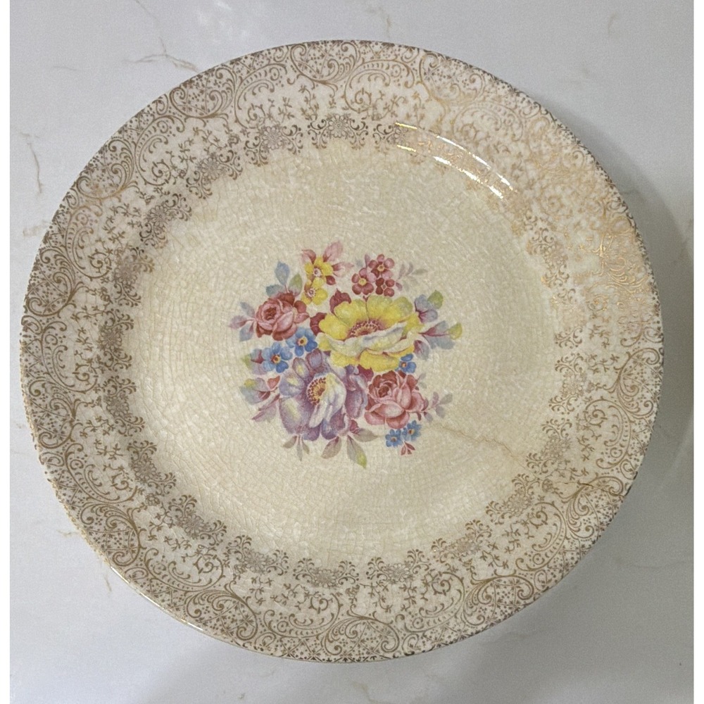 Ivory & Gold Floral Scroll Rim Round Ceramic Glossy set (see pics for quantity)